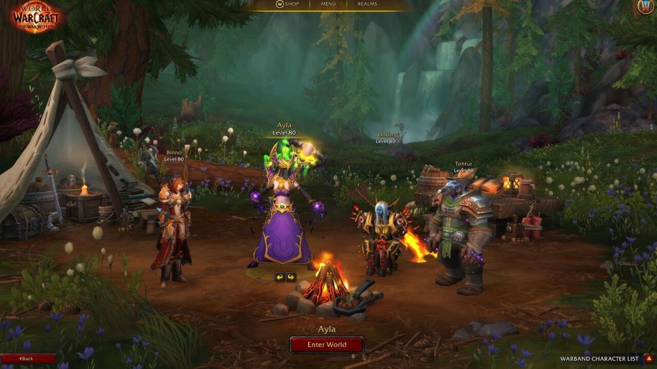 The new Warbands character select screen lets you display multiple characters at once