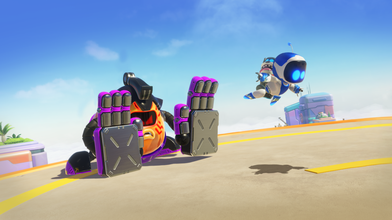 Astro gets flung by a Sumo enemy in Astro Bot